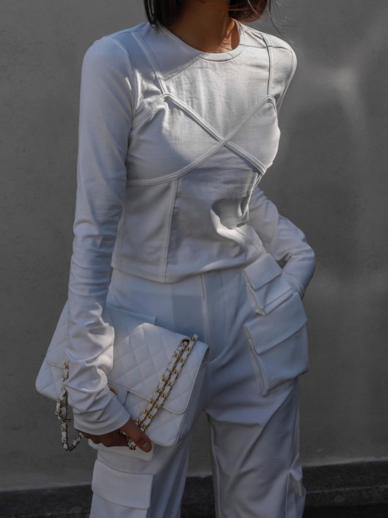 BUSTIER TRIMMED LONG SLEEVE CROPPED T-SHIRT