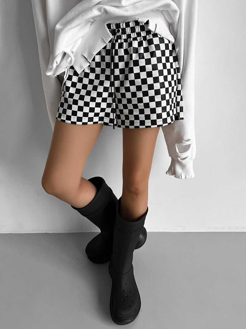 CHECKERBOARD VEGAN LEATHER SHORTS