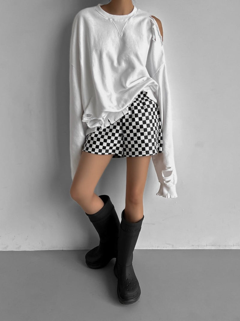 CHECKERBOARD VEGAN LEATHER SHORTS