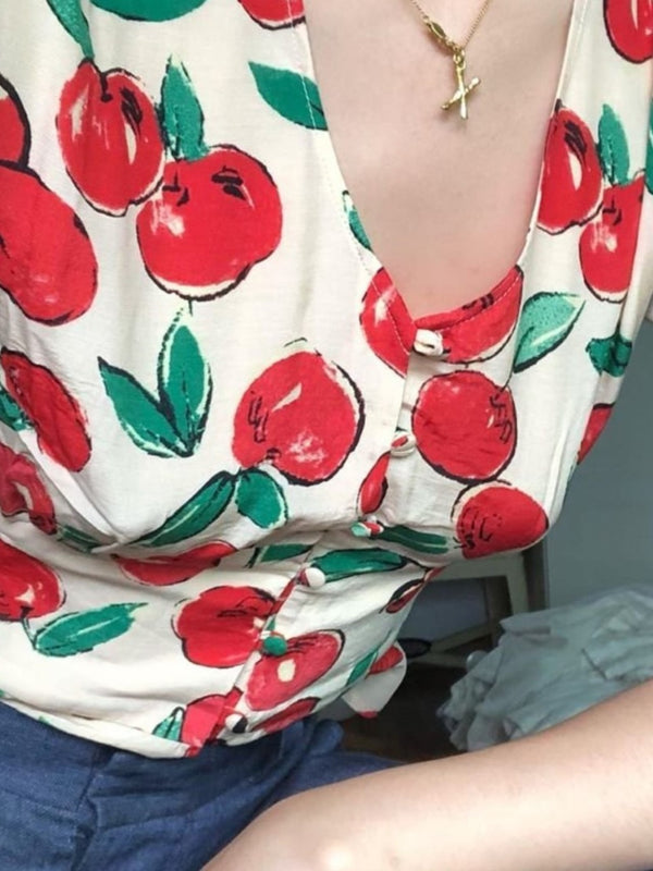 CHERRY BLOUSE WITH PUFF SLEEVE