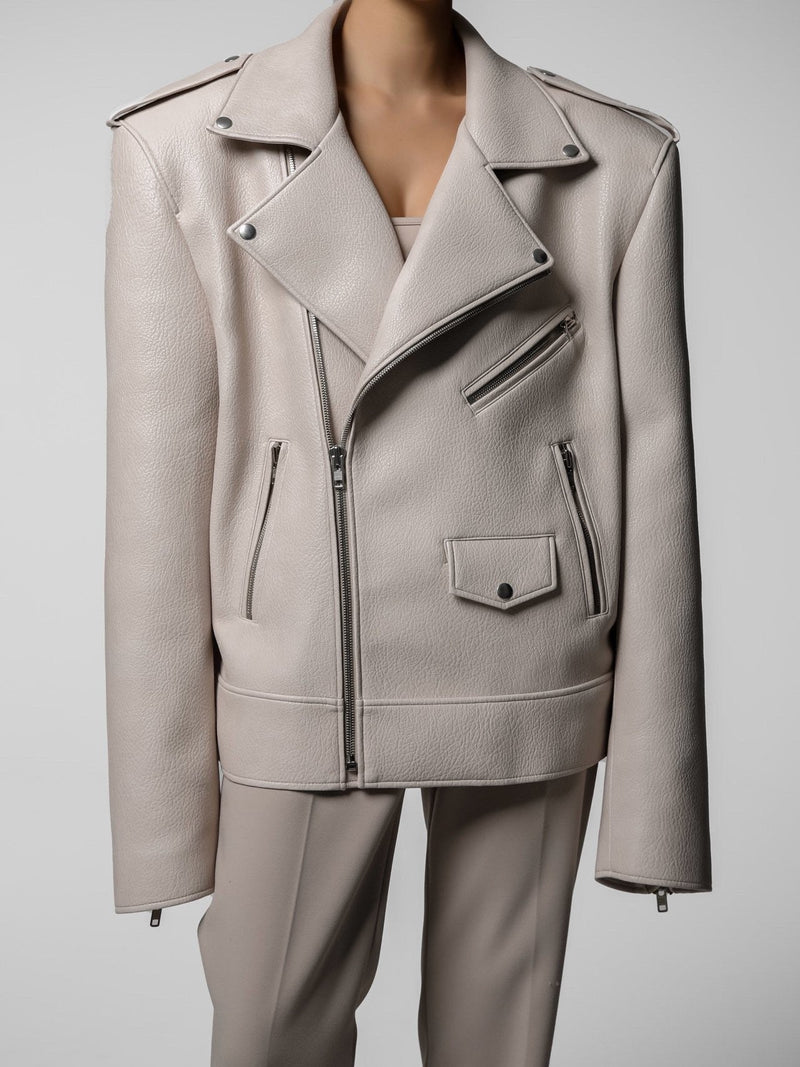 CHUNKY ZIPPED VEGAN LEATHER BIKER JACKET