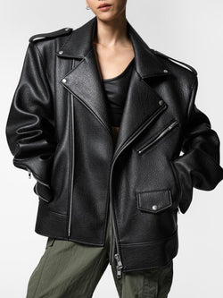 CHUNKY ZIPPED VEGAN LEATHER BIKER JACKET