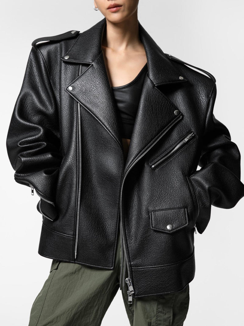CHUNKY ZIPPED VEGAN LEATHER BIKER JACKET