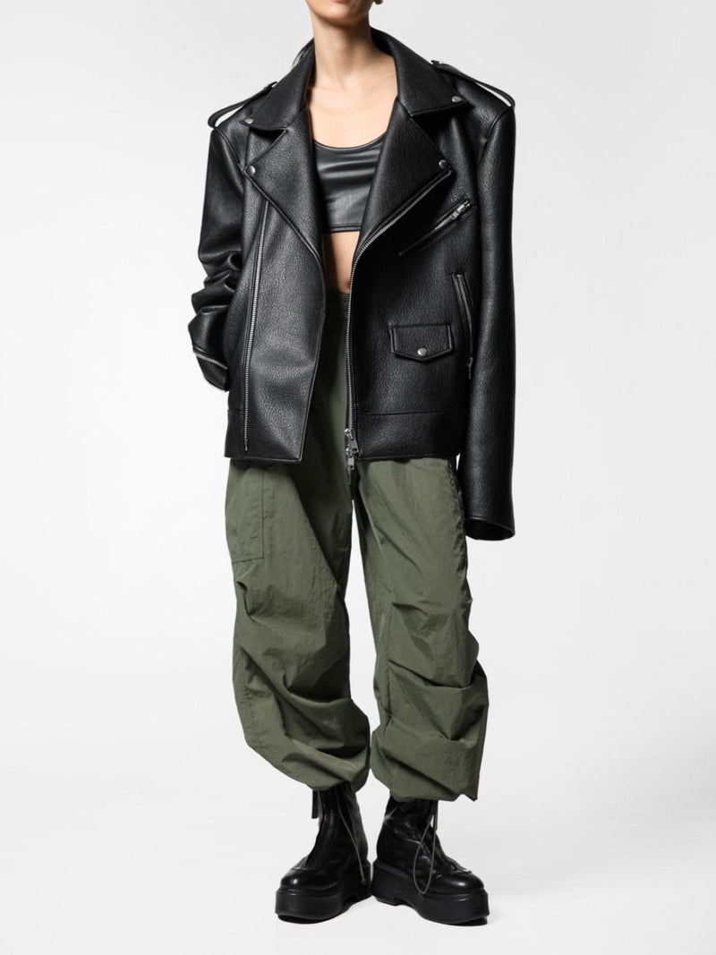 CHUNKY ZIPPED VEGAN LEATHER BIKER JACKET