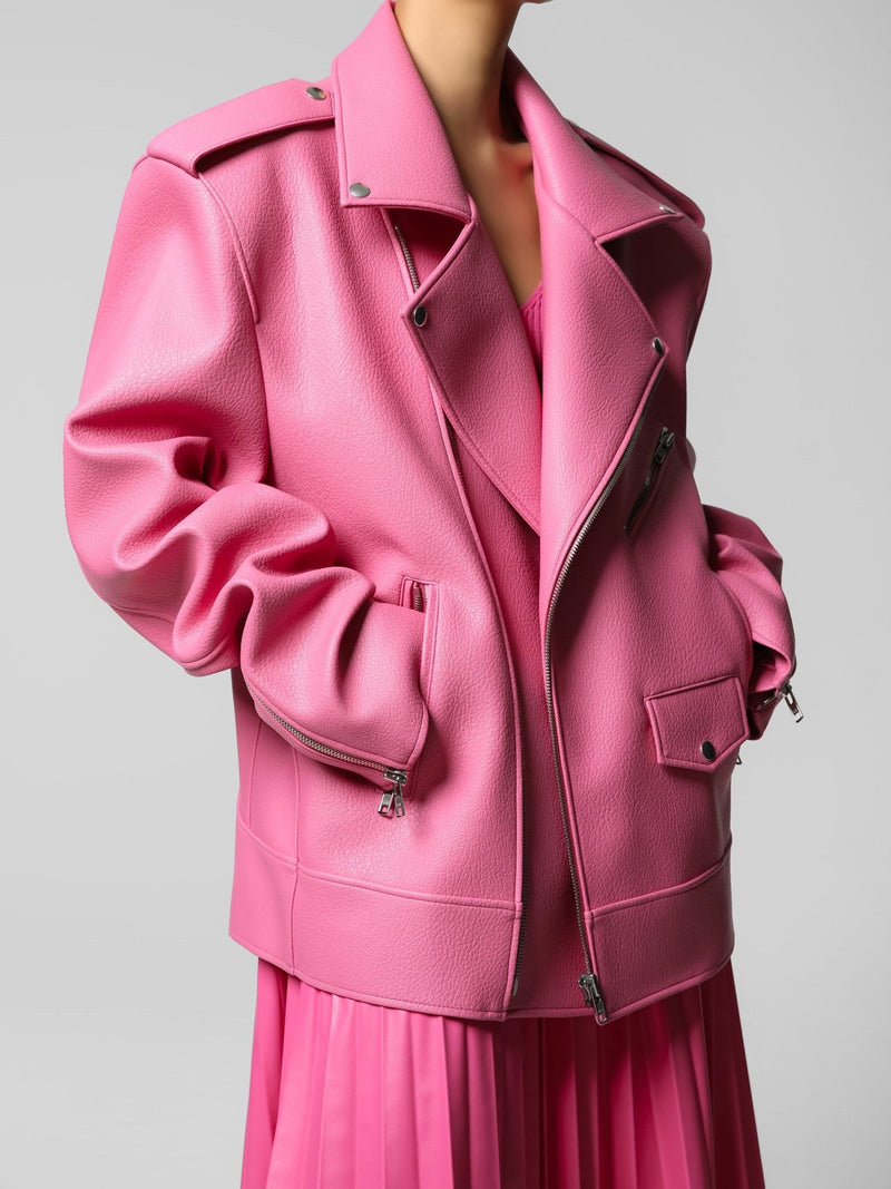 CHUNKY ZIPPED VEGAN LEATHER BIKER JACKET