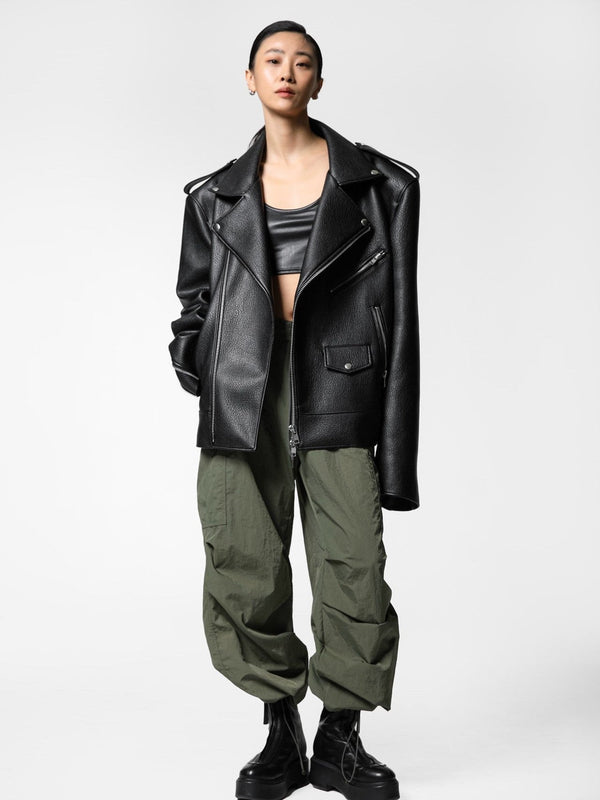 CHUNKY ZIPPED VEGAN LEATHER BIKER JACKET