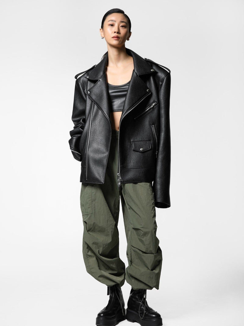 CHUNKY ZIPPED VEGAN LEATHER BIKER JACKET