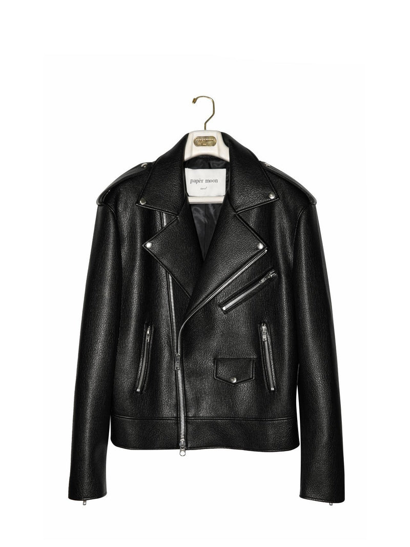 CHUNKY ZIPPED VEGAN LEATHER BIKER JACKET