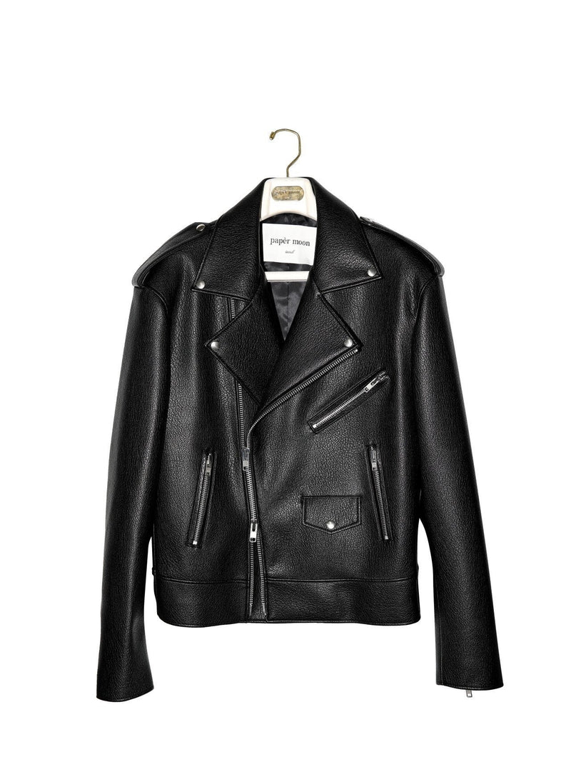CHUNKY ZIPPED VEGAN LEATHER BIKER JACKET