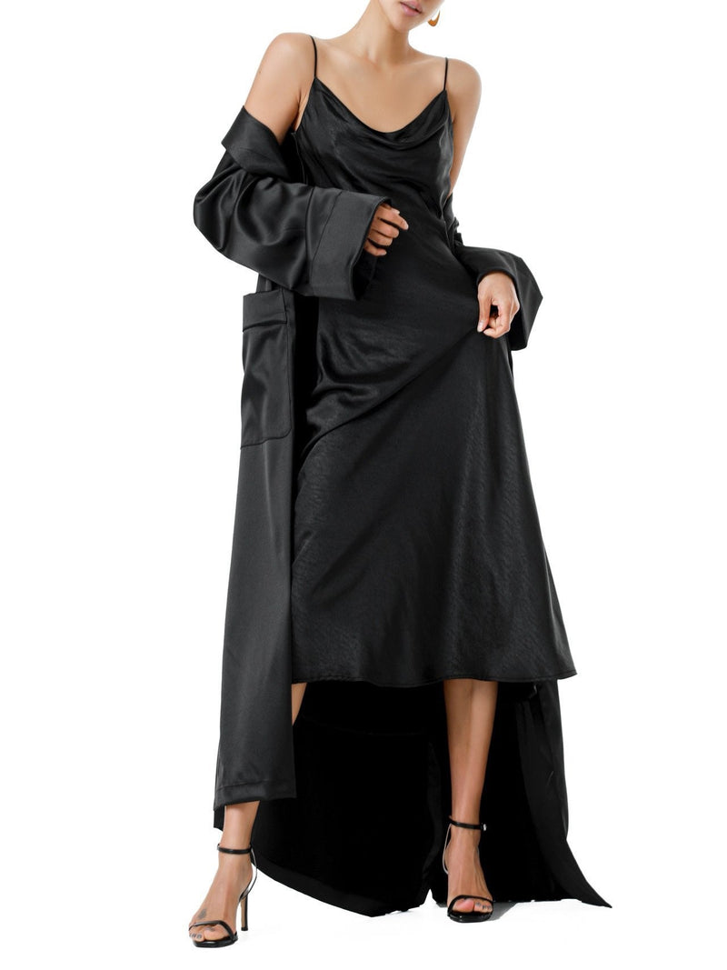 CLASSIC TRIMMED DETAIL SATIN ROBE COAT