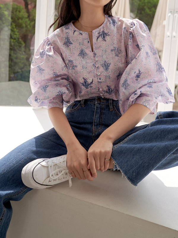 COLLARLESS LINEN BALLOON SLEEVE BLOUSE