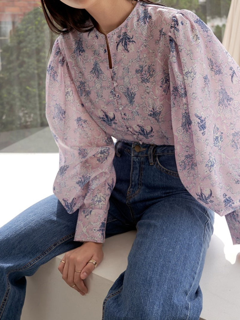 COLLARLESS LINEN BALLOON SLEEVE BLOUSE