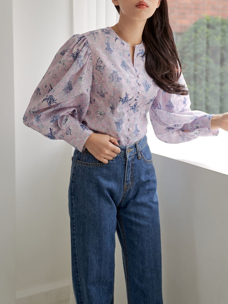 COLLARLESS LINEN BALLOON SLEEVE BLOUSE