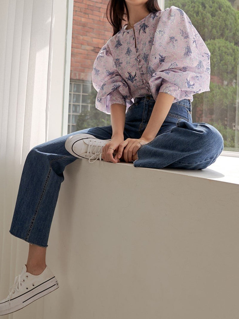 COLLARLESS LINEN BALLOON SLEEVE BLOUSE