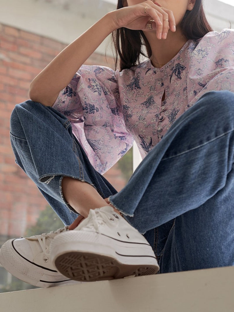 COLLARLESS LINEN BALLOON SLEEVE BLOUSE