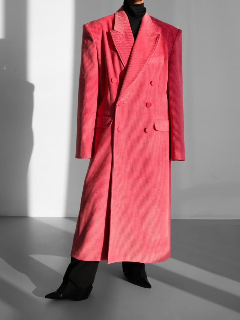 CORDUROY PEAKED LAPEL DOUBLE BREASTED COAT – MINUSEY