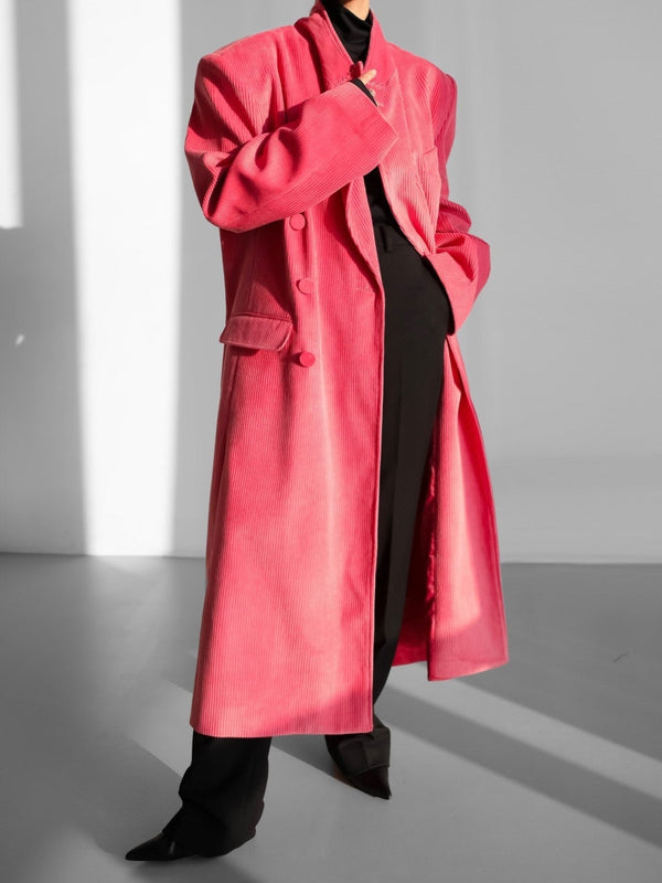 CORDUROY PEAKED LAPEL DOUBLE BREASTED COAT