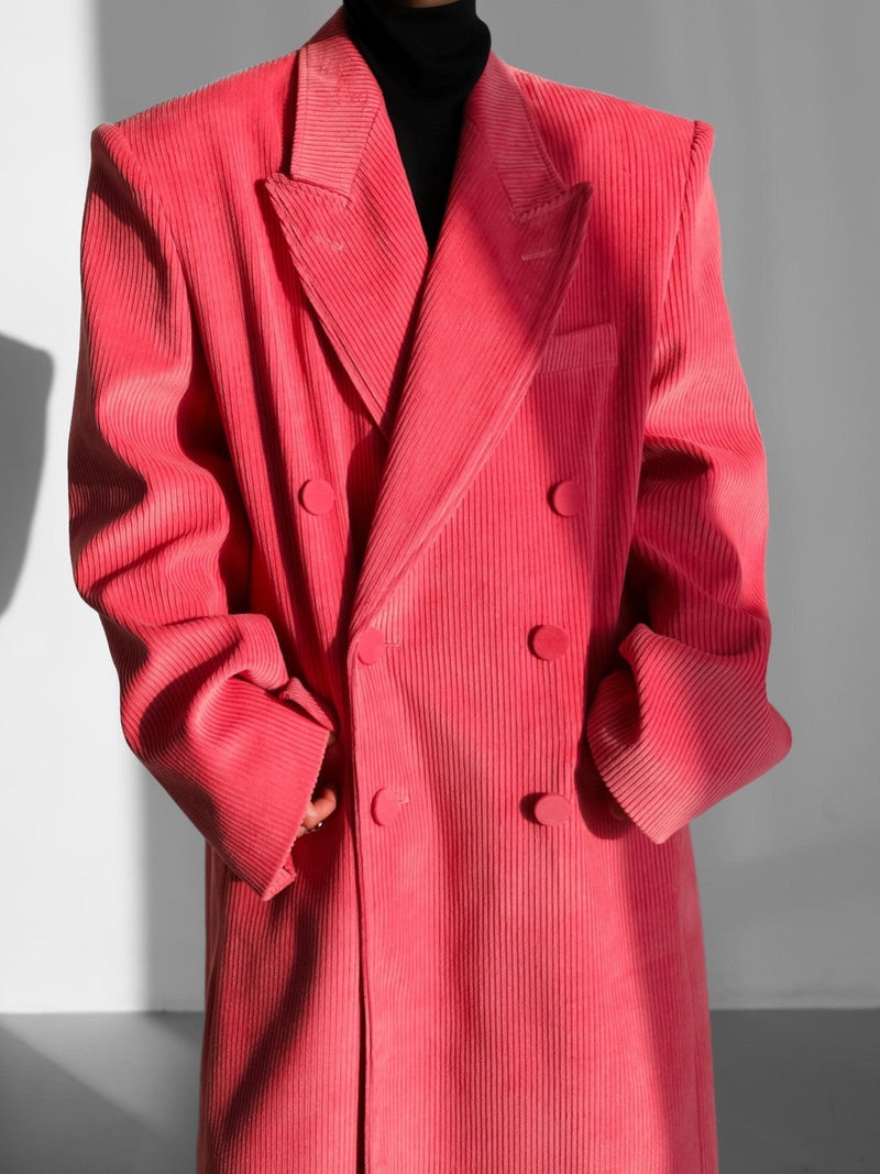 CORDUROY PEAKED LAPEL DOUBLE BREASTED COAT