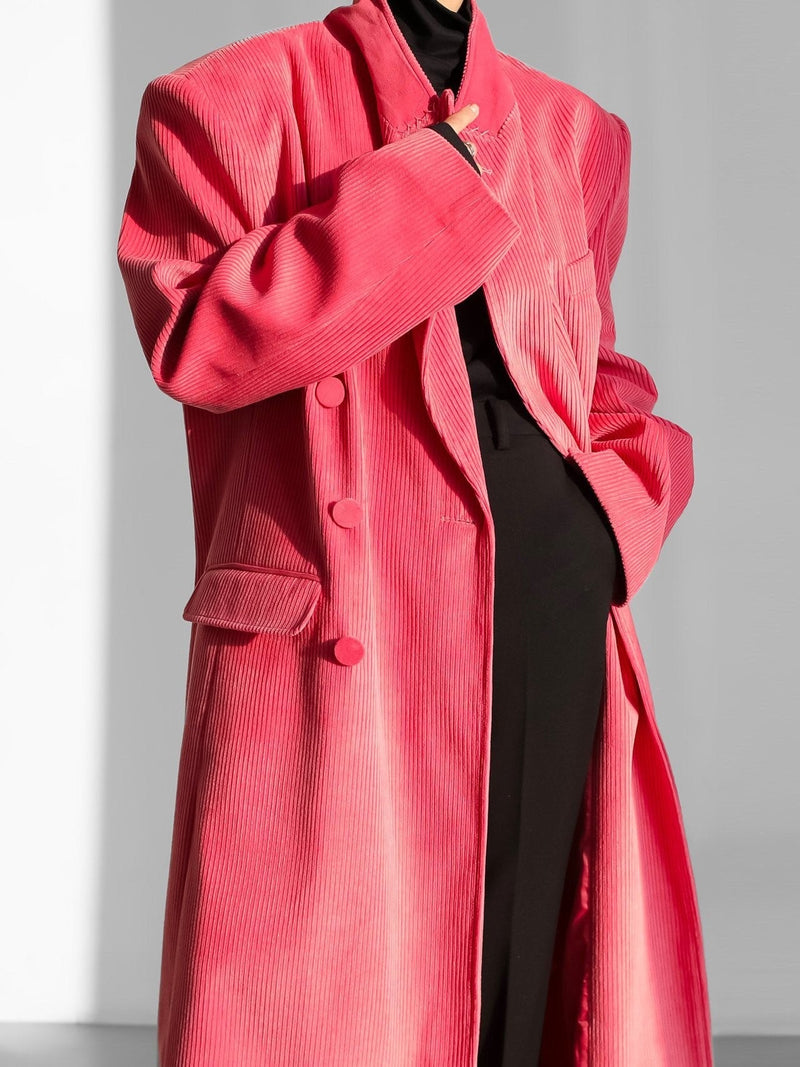 CORDUROY PEAKED LAPEL DOUBLE BREASTED COAT