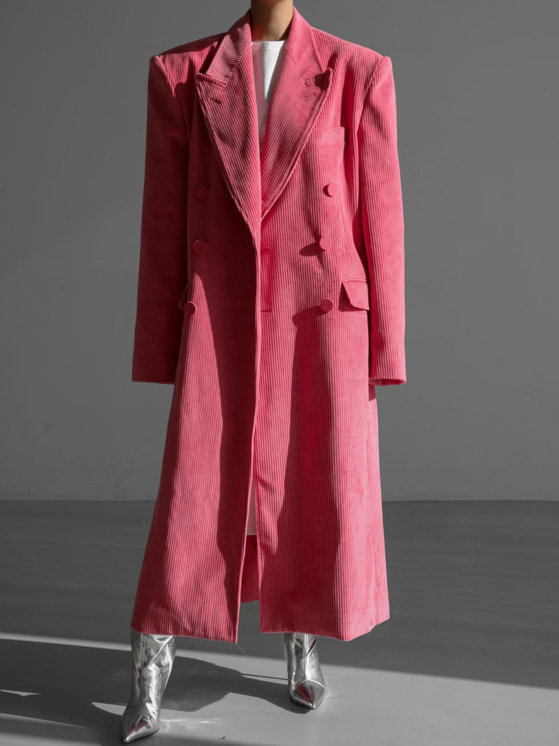 CORDUROY PEAKED LAPEL DOUBLE BREASTED COAT