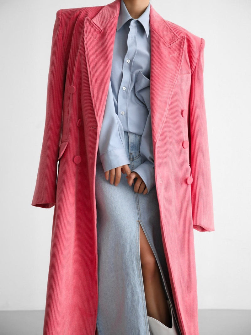 CORDUROY PEAKED LAPEL DOUBLE BREASTED COAT