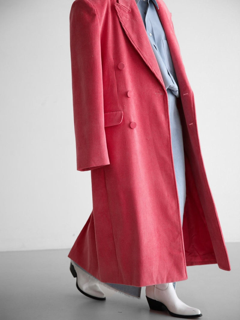 CORDUROY PEAKED LAPEL DOUBLE BREASTED COAT