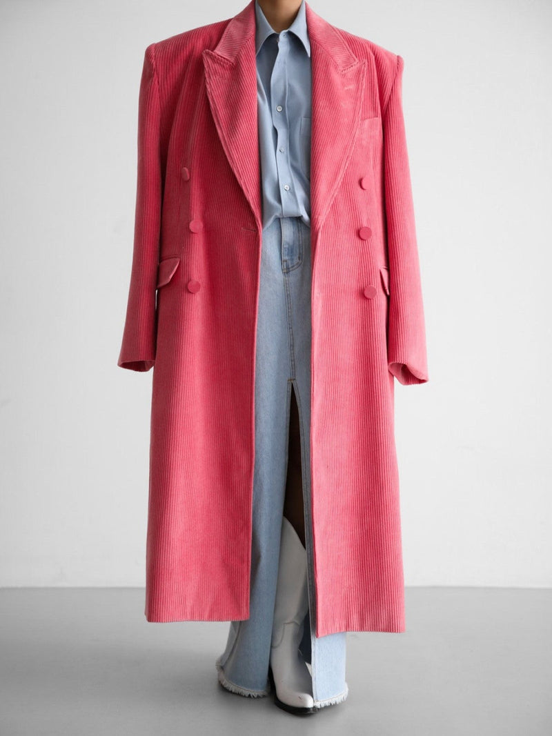 CORDUROY PEAKED LAPEL DOUBLE BREASTED COAT