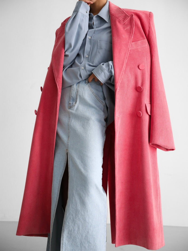CORDUROY PEAKED LAPEL DOUBLE BREASTED COAT