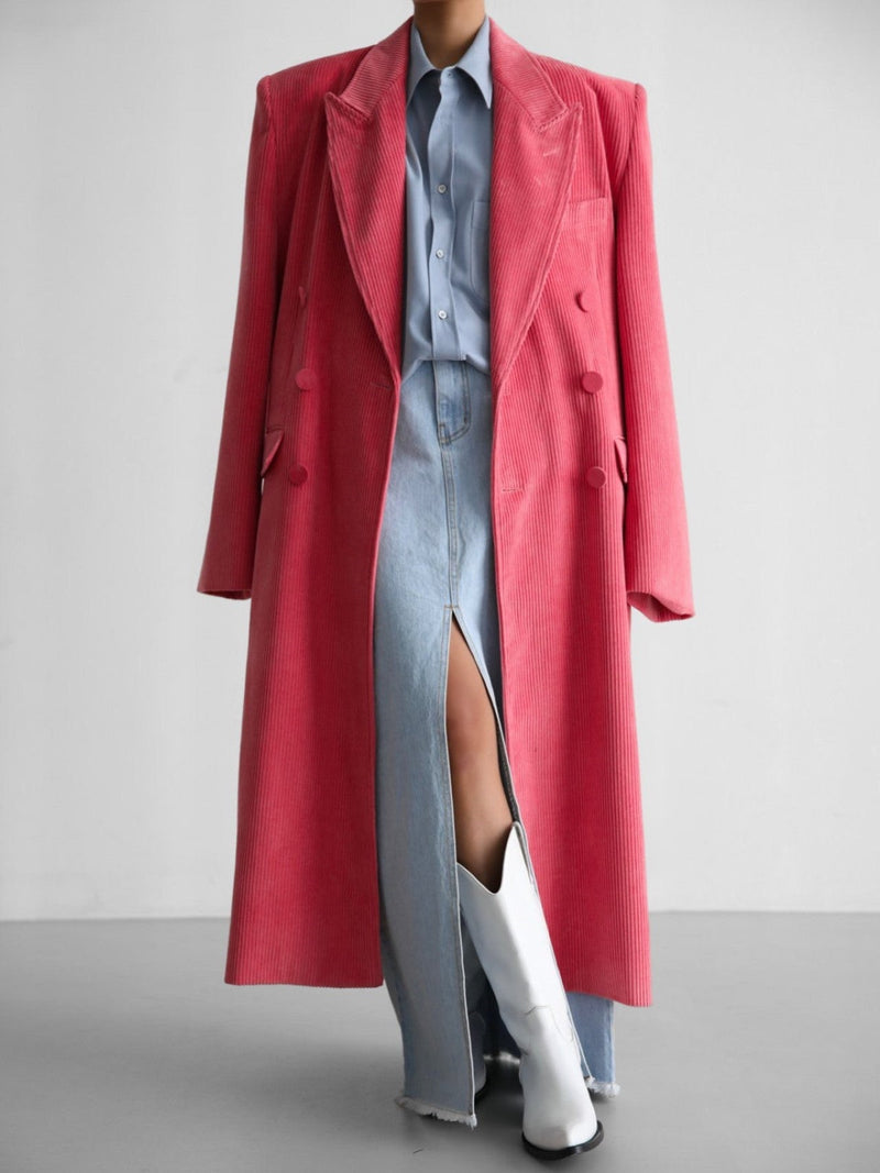 CORDUROY PEAKED LAPEL DOUBLE BREASTED COAT