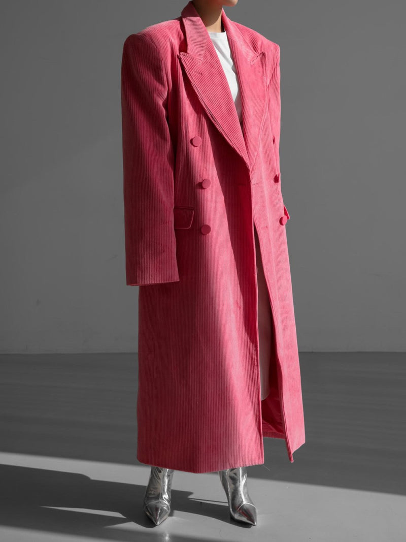 CORDUROY PEAKED LAPEL DOUBLE BREASTED COAT