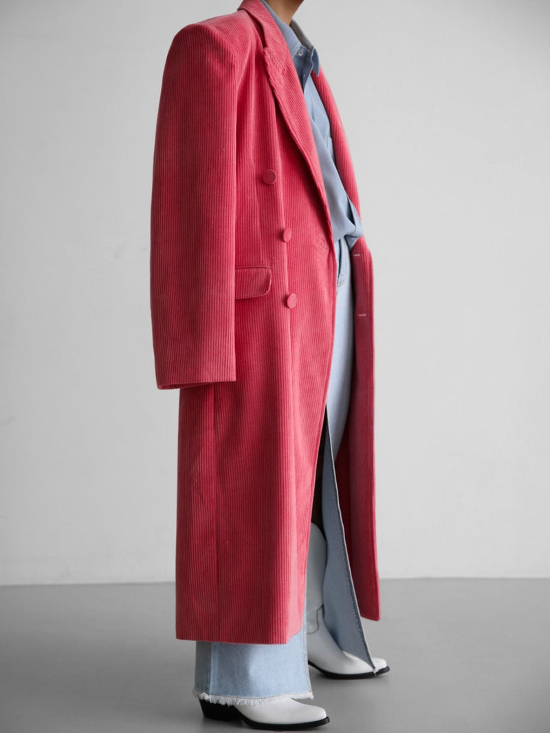 CORDUROY PEAKED LAPEL DOUBLE BREASTED COAT