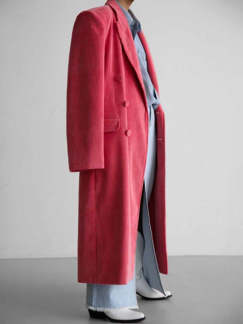 CORDUROY PEAKED LAPEL DOUBLE BREASTED COAT