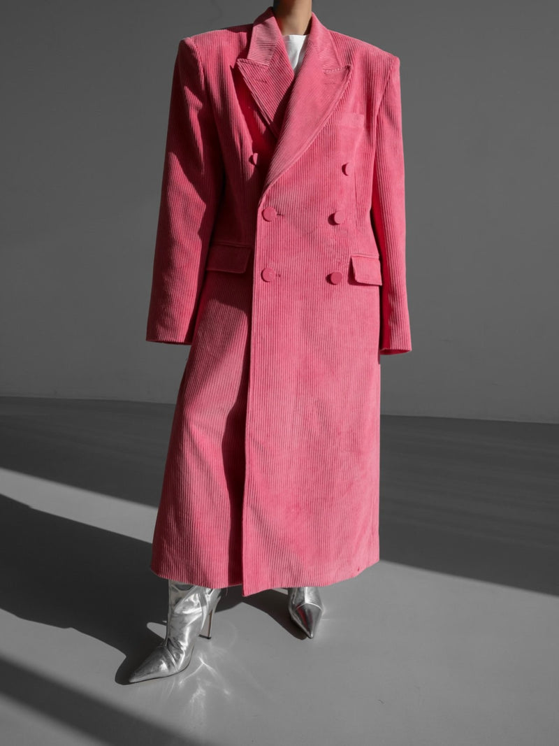 CORDUROY PEAKED LAPEL DOUBLE BREASTED COAT