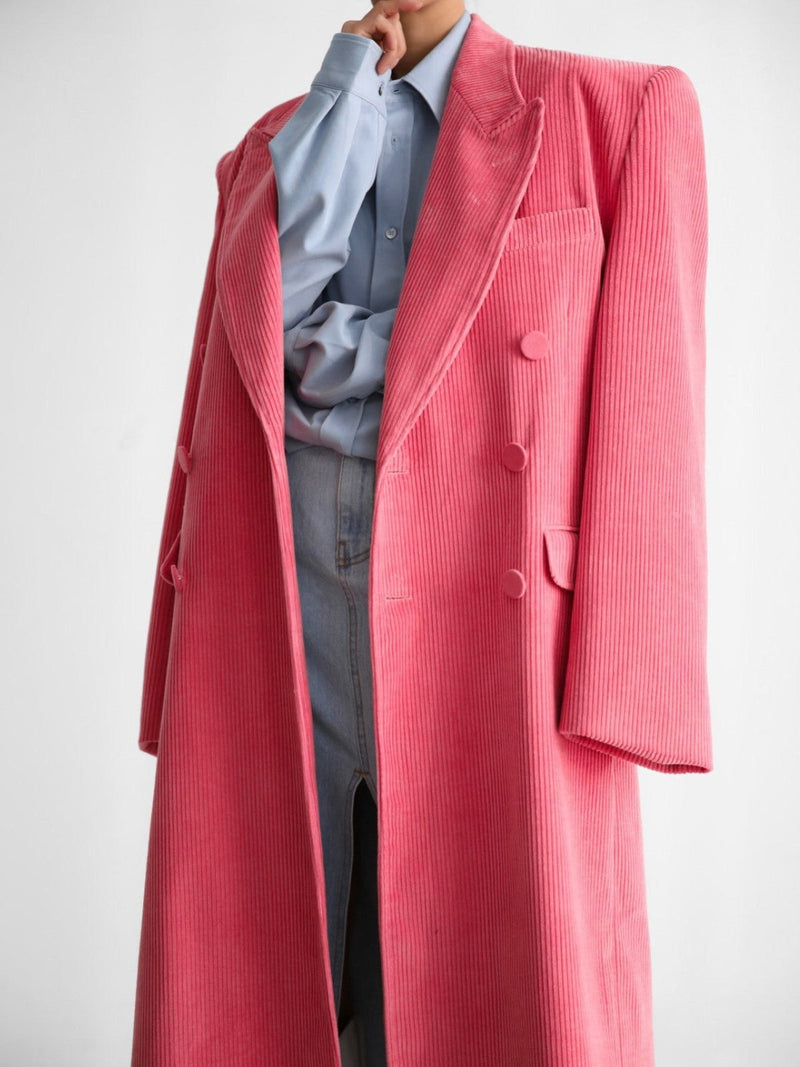 CORDUROY PEAKED LAPEL DOUBLE BREASTED COAT
