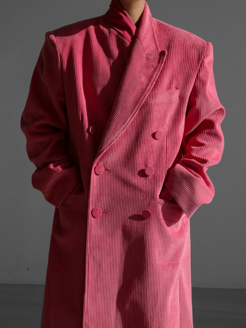 CORDUROY PEAKED LAPEL DOUBLE BREASTED COAT