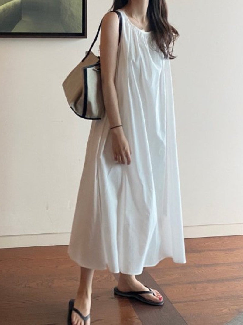 COTTON SHIRRING SLEEVELESS MAXI DRESS