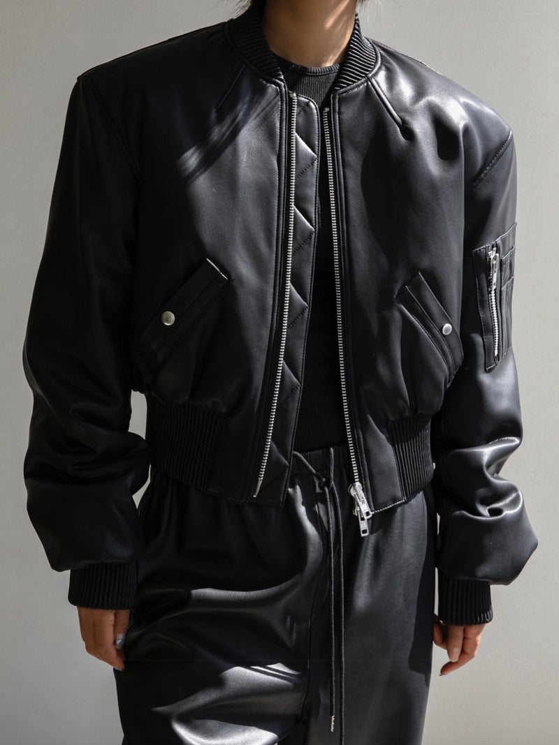 CROPPED VEGAN LEATHER BOMBER JACKET