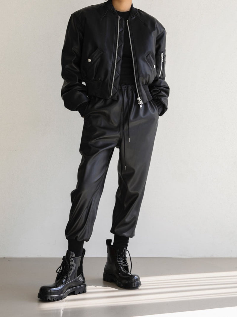 CROPPED VEGAN LEATHER BOMBER JACKET