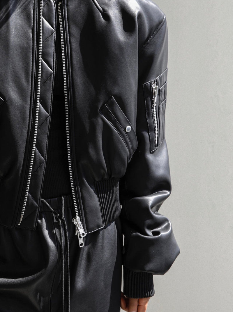 CROPPED VEGAN LEATHER BOMBER JACKET