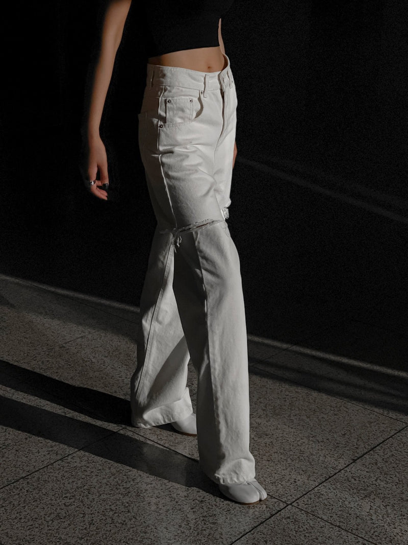 CUT OUT DETAIL WIDE LEG WHITE DENIM JEANS