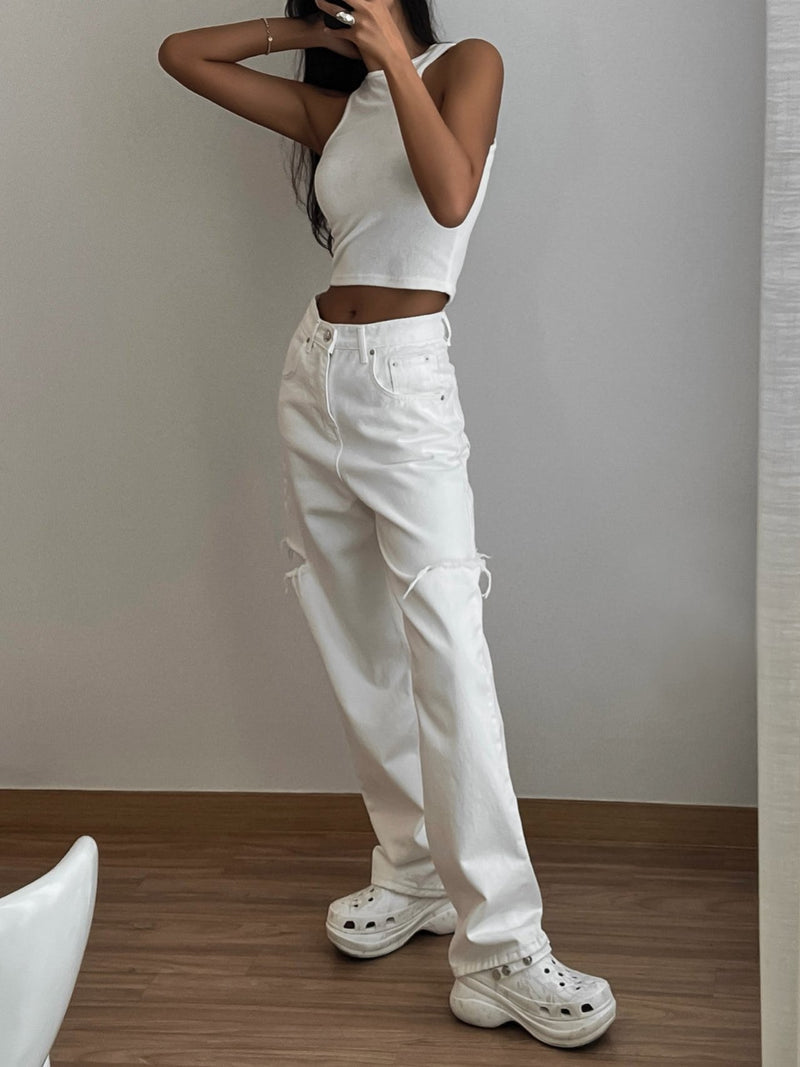 CUT OUT DETAIL WIDE LEG WHITE DENIM JEANS