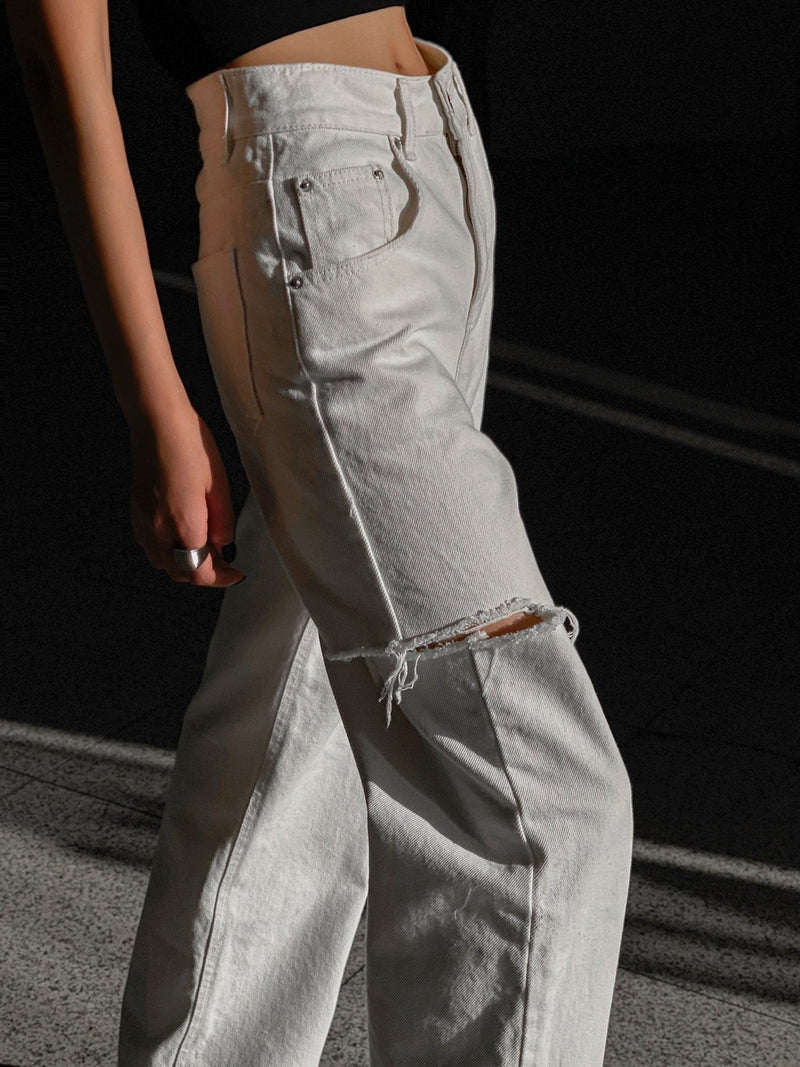 CUT OUT DETAIL WIDE LEG WHITE DENIM JEANS