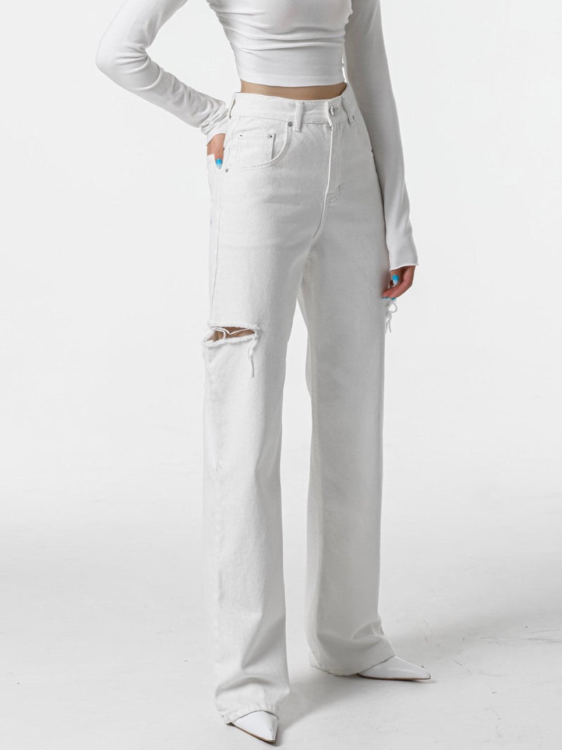 CUT OUT DETAIL WIDE LEG WHITE DENIM JEANS