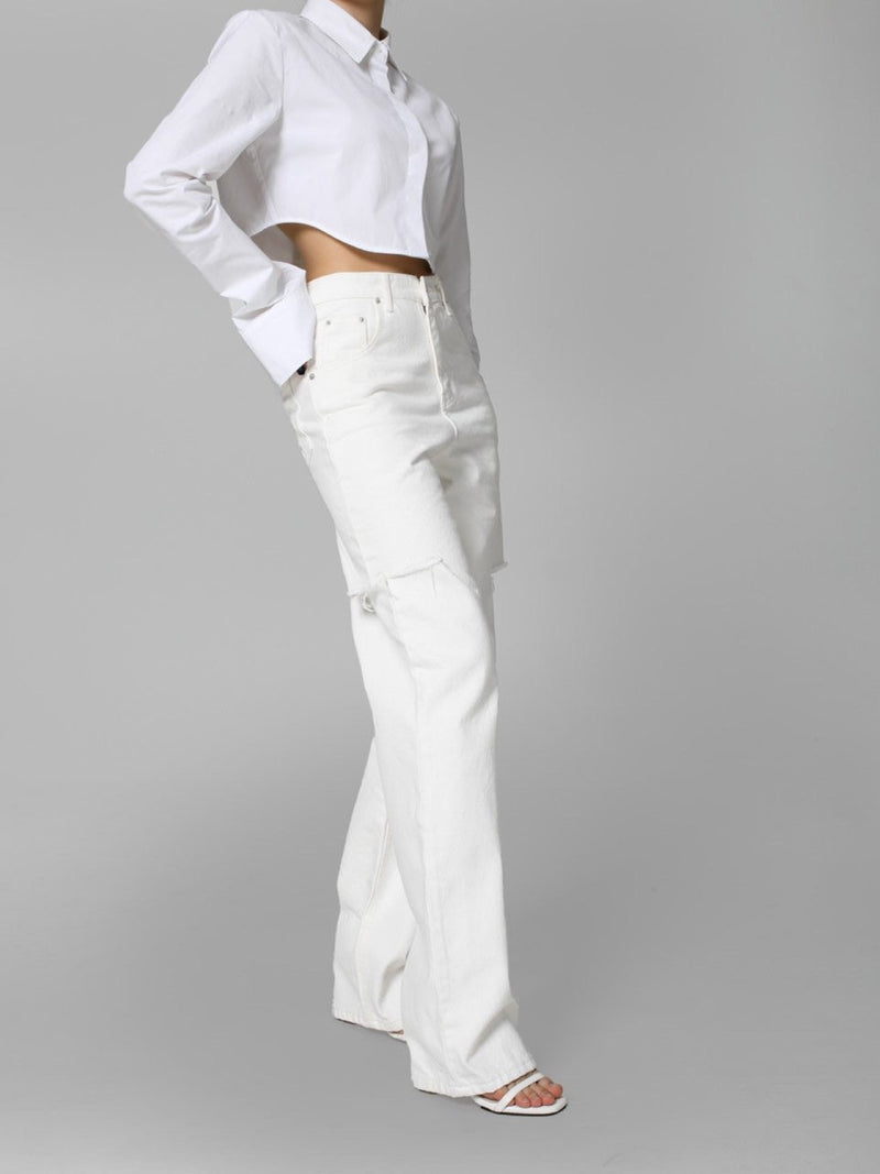 CUT OUT DETAIL WIDE LEG WHITE DENIM JEANS