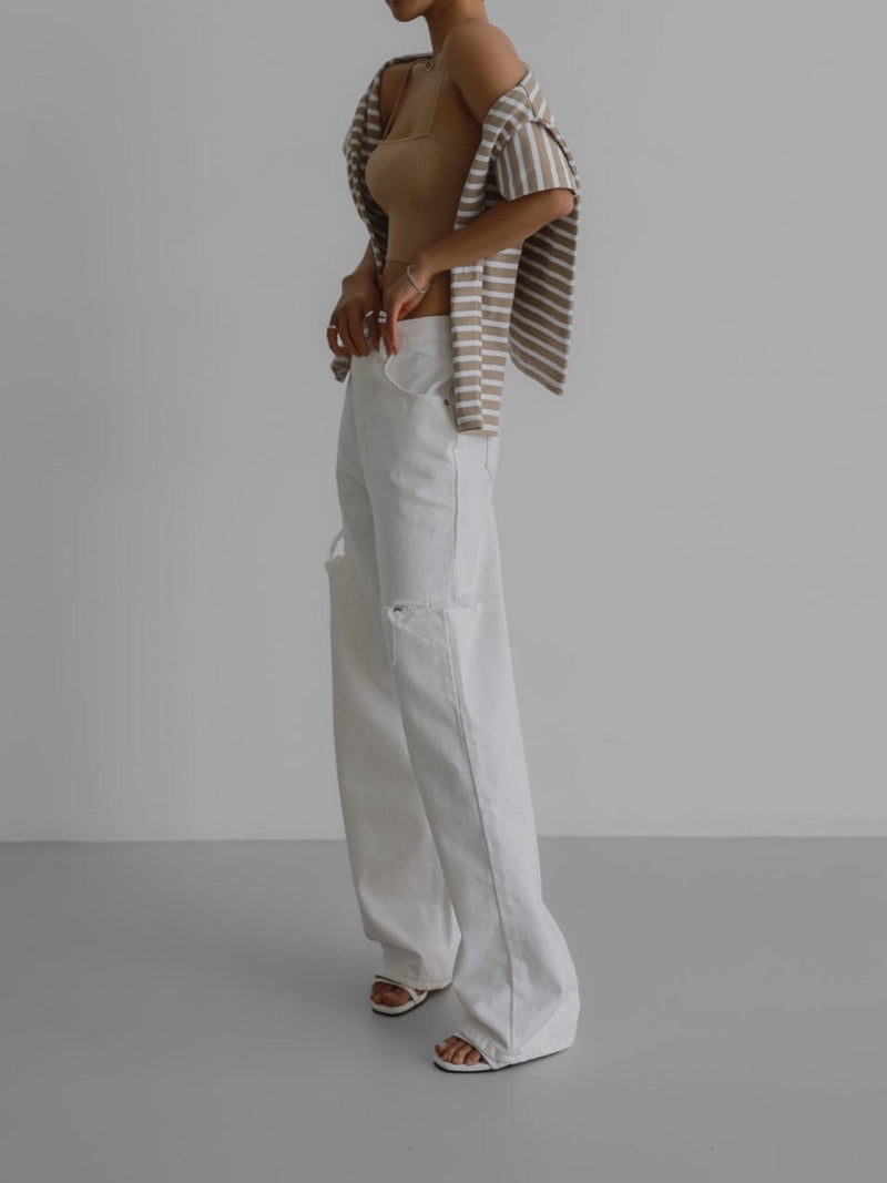 CUT OUT DETAIL WIDE LEG WHITE DENIM JEANS