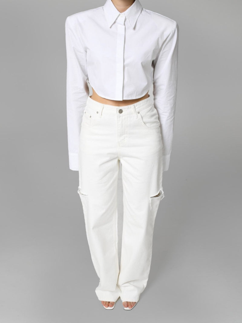 CUT OUT DETAIL WIDE LEG WHITE DENIM JEANS