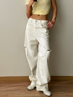 CUT OUT DETAIL WIDE LEG WHITE DENIM JEANS