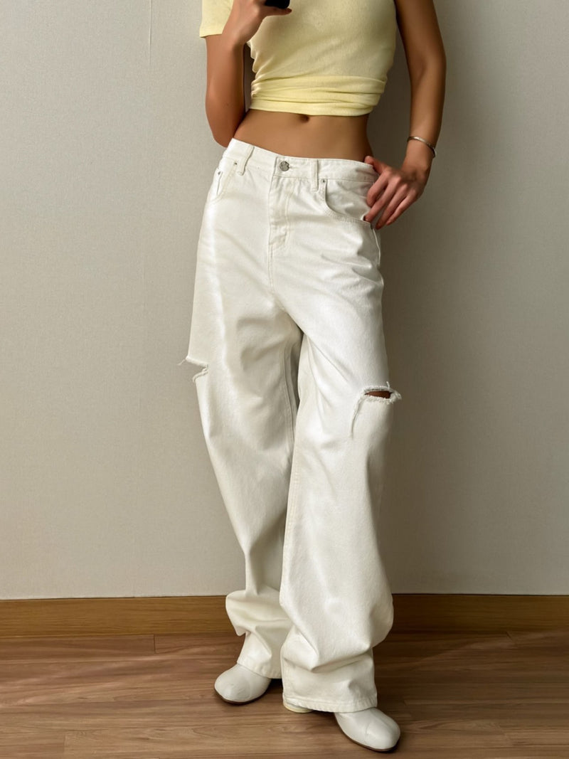 CUT OUT DETAIL WIDE LEG WHITE DENIM JEANS
