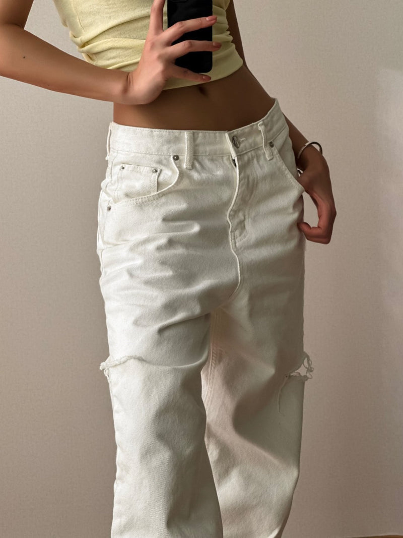 CUT OUT DETAIL WIDE LEG WHITE DENIM JEANS