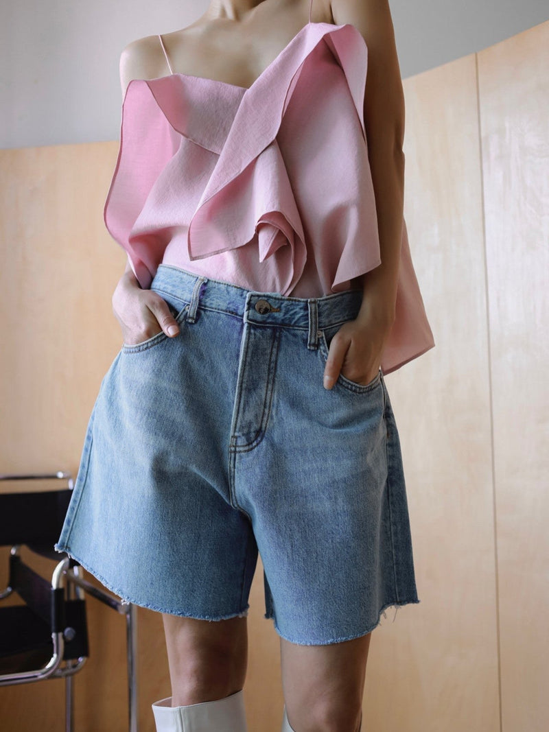 CUTTED DETAIL VINTAGE DENIM SHORTS